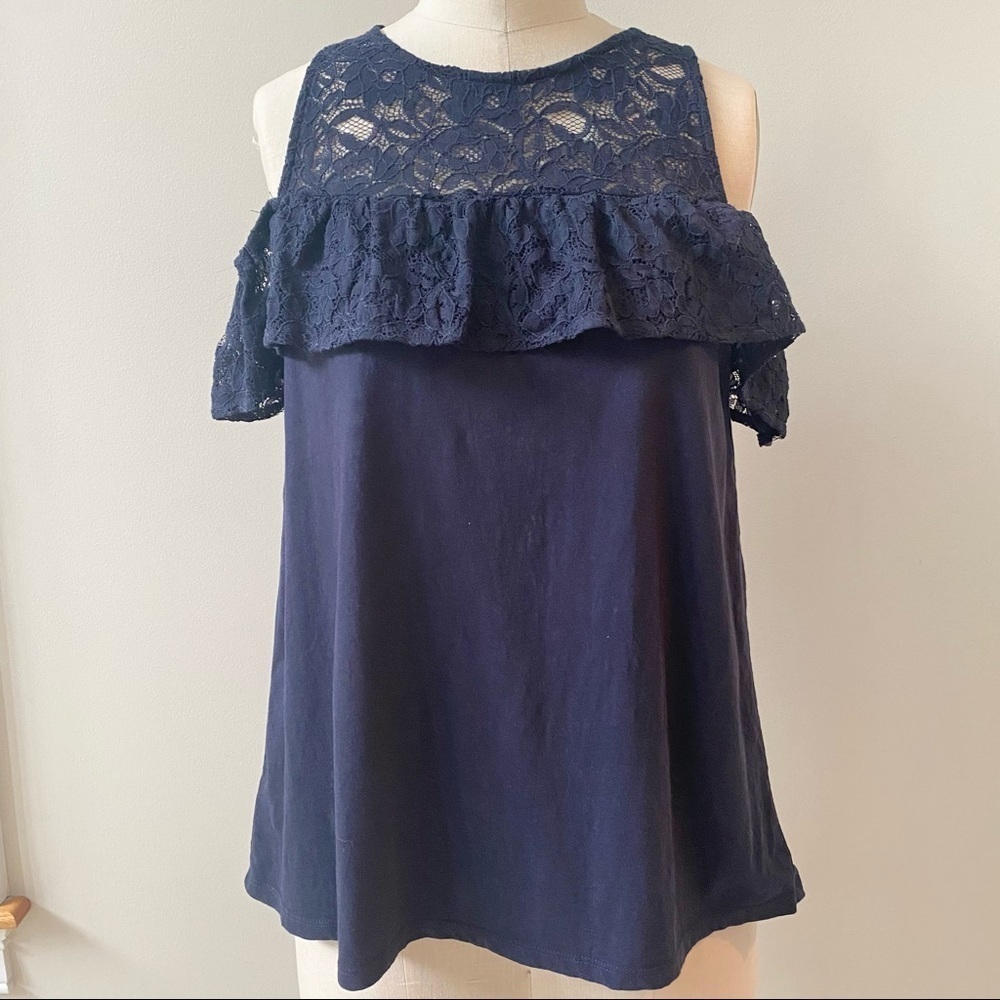 LOFT Off the Shoulder Lace Top Navy Medium